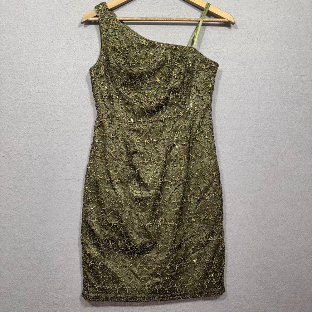 Adrianna Papell One Shoulder Dress Olive Green Lace Sequin Formal Gown Size 2‎